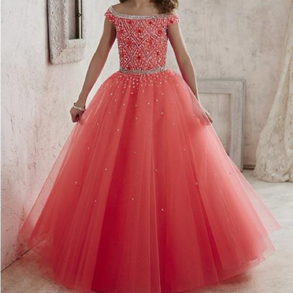 Tiffany Designs Hot Coral little girl pageant dress